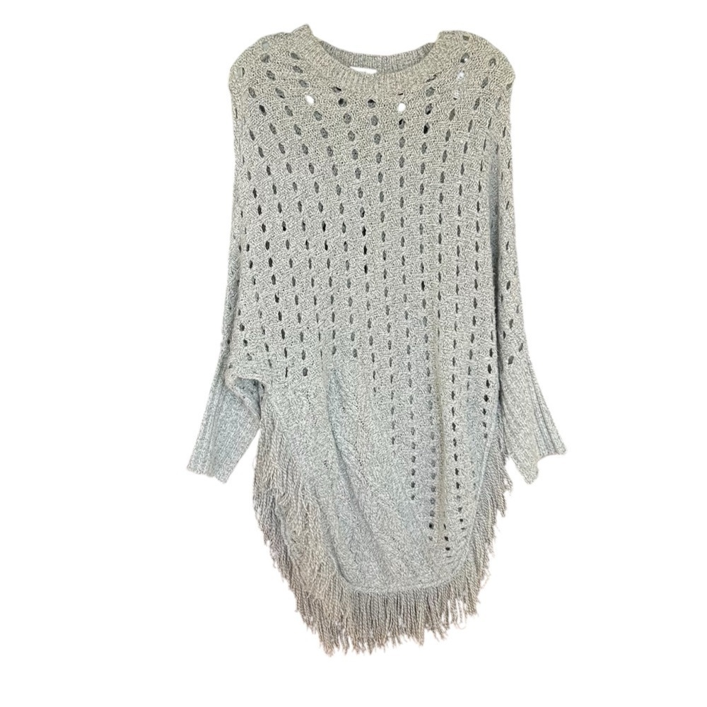 TCEC Gray Fringed Poncho Open Weave Pattern Sweater with Sleeves Size Large - Picture 2 of 5